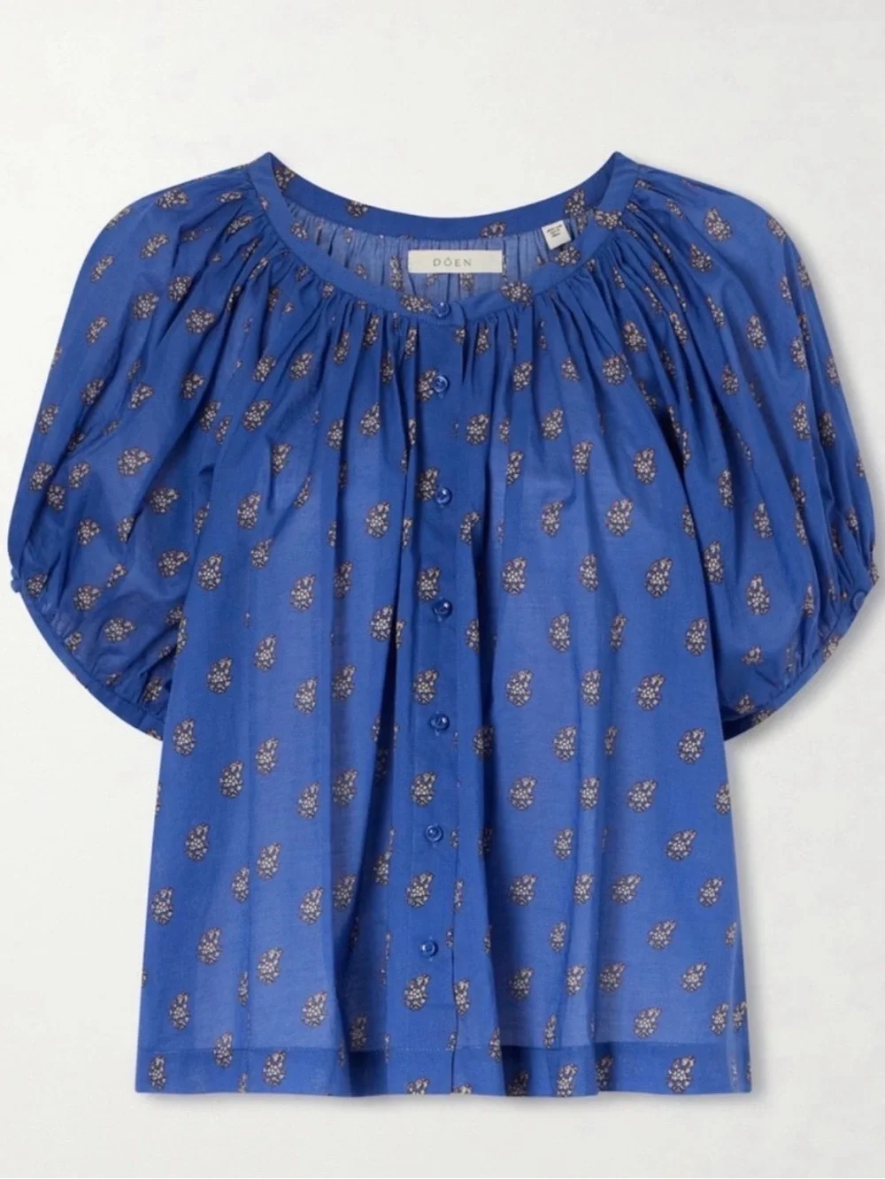 Doen Cobalt Blue Button-Front Puff-Sleeve Blouse